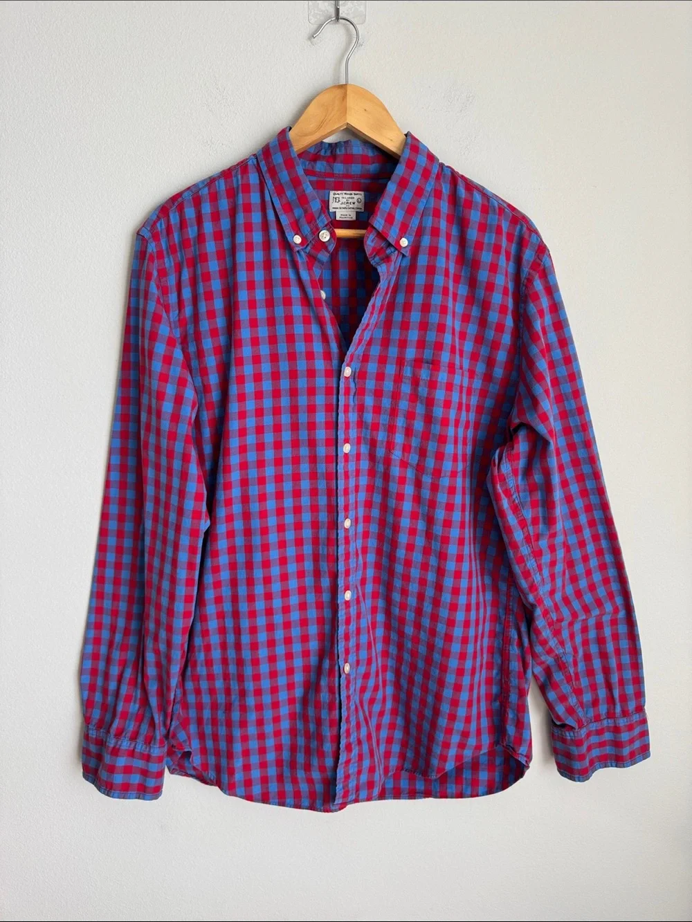 J.Crew Tailored Gingham Check Button Down Shirt Red Blue 100% Cotton Size L